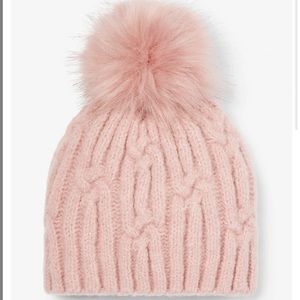 Cable Knit Pom Beanie hat express women's wool accessories gloves cashmere pink